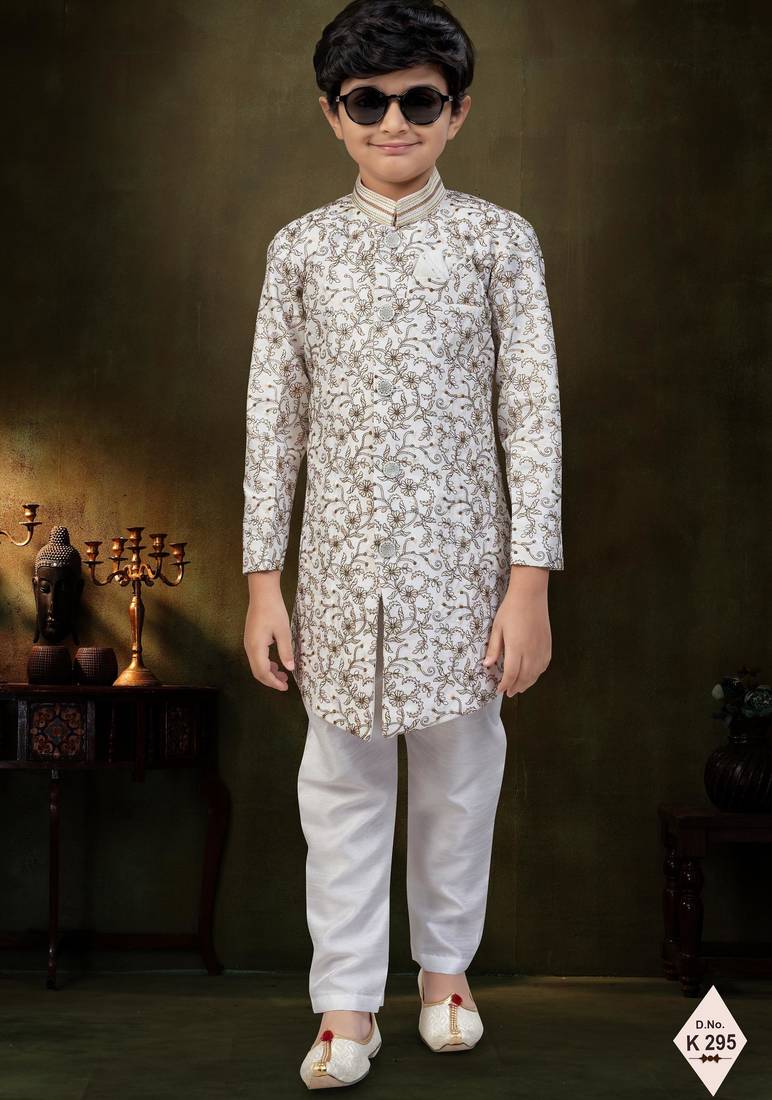Cream dupion silk embroidered indo western set for boys
