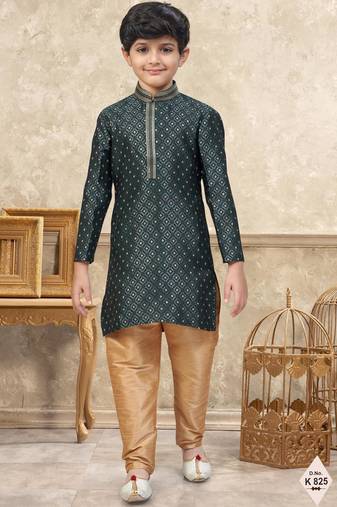 Green banarasi jacquard woven kurta pajama for boys