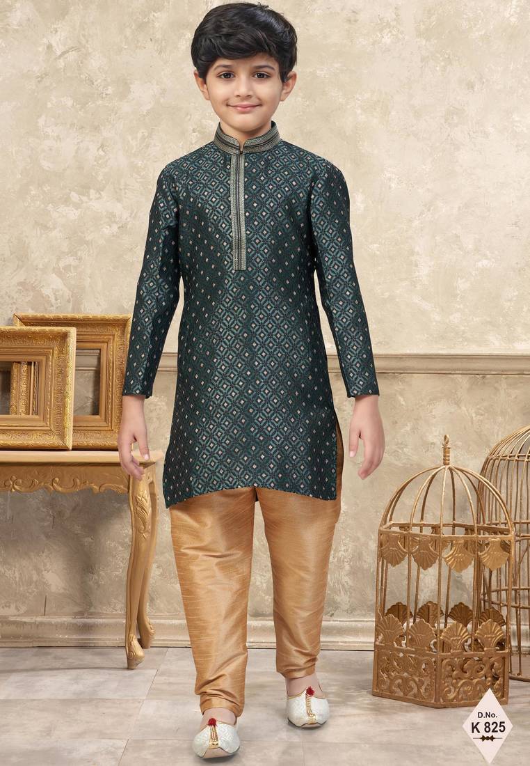 Green banarasi jacquard woven kurta pajama for boys