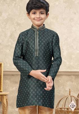 Green banarasi jacquard woven kurta pajama for boys 2