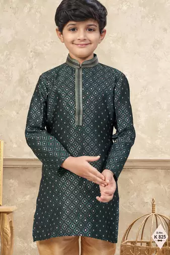 Green banarasi jacquard woven kurta pajama for boys