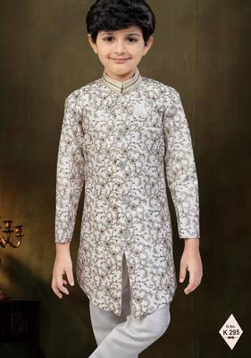 Cream dupion silk embroidered indo western set for boys 2