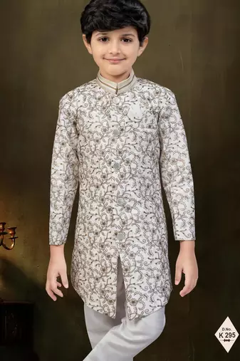 Cream dupion silk embroidered indo western set for boys