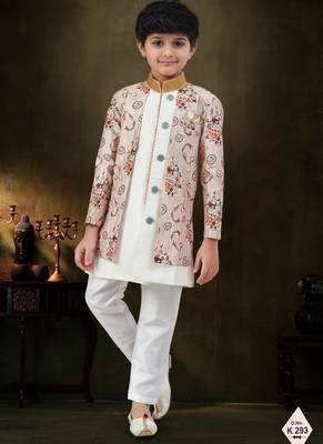 Cream dupion silk embroidered indo western set for boys 1