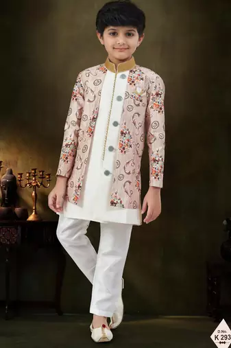 Cream dupion silk embroidered indo western set for boys