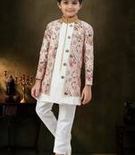 Cream dupion silk embroidered indo western set for boys