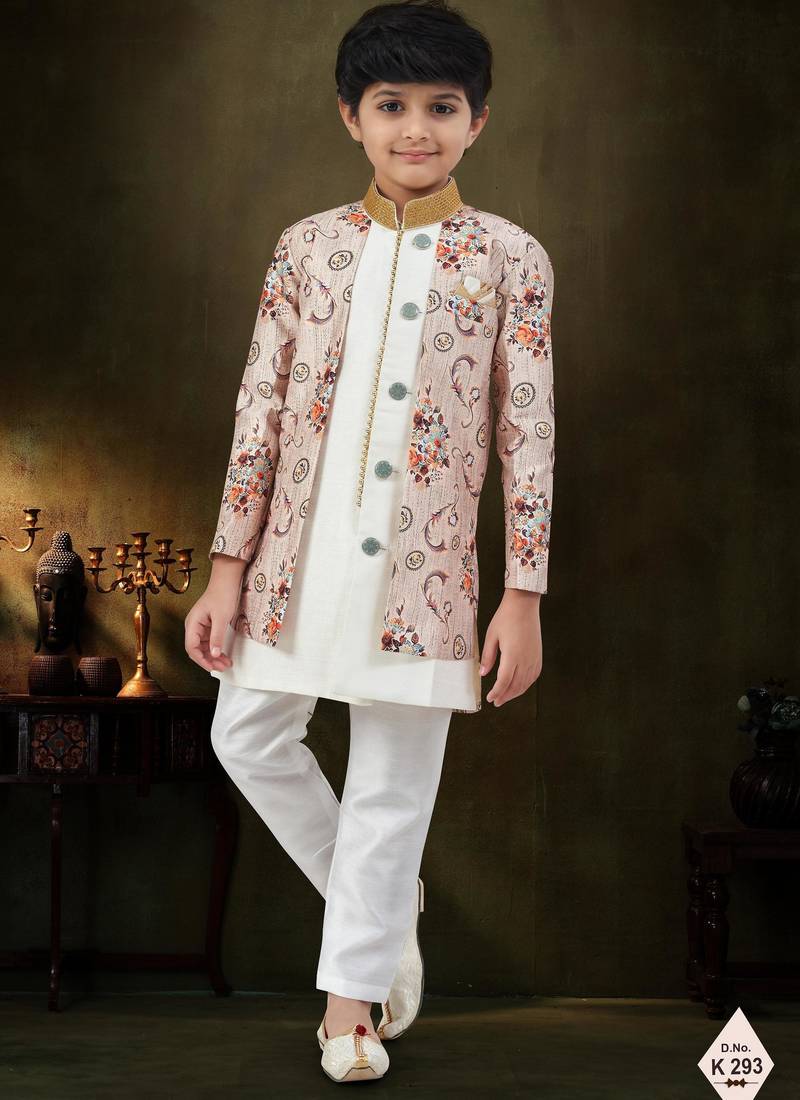 Cream dupion silk embroidered indo western set for boys