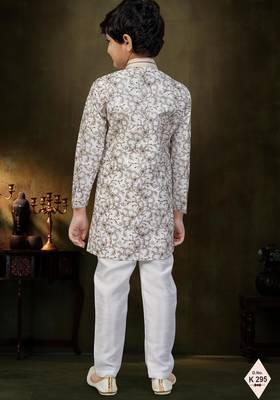 Cream dupion silk embroidered indo western set for boys 3