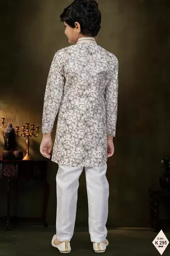 Cream dupion silk embroidered indo western set for boys