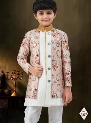 Cream dupion silk embroidered indo western set for boys 2