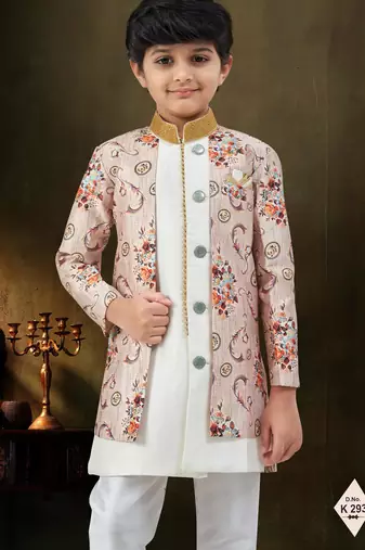 Cream dupion silk embroidered indo western set for boys
