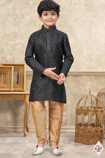 Black banarasi jacquard woven kurta pajama for boys
