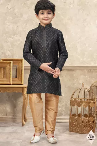 Black banarasi jacquard woven kurta pajama for boys