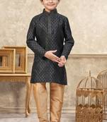 Black banarasi jacquard woven kurta pajama for boys