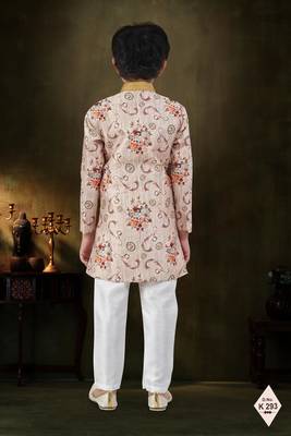 Cream dupion silk embroidered indo western set for boys 3