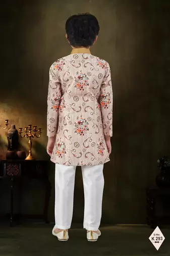 Cream dupion silk embroidered indo western set for boys