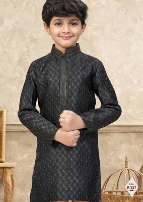 Black banarasi jacquard woven kurta pajama for boys 2
