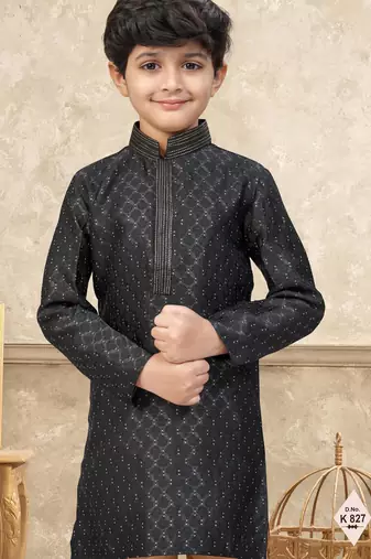 Black banarasi jacquard woven kurta pajama for boys