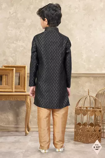 Black banarasi jacquard woven kurta pajama for boys