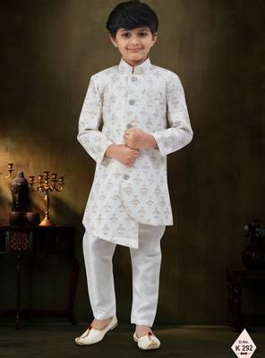 Cream dupion silk embroidered indo western set for boys 1