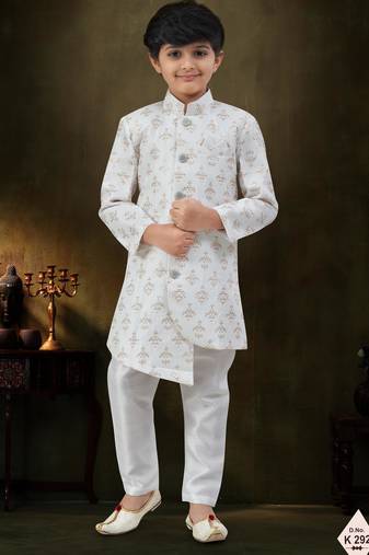Cream dupion silk embroidered indo western set for boys