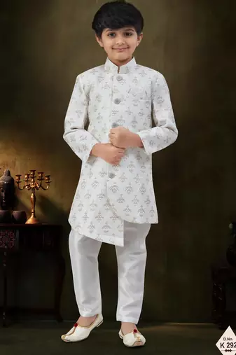 Cream dupion silk embroidered indo western set for boys