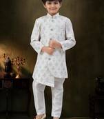 Cream dupion silk embroidered indo western set for boys