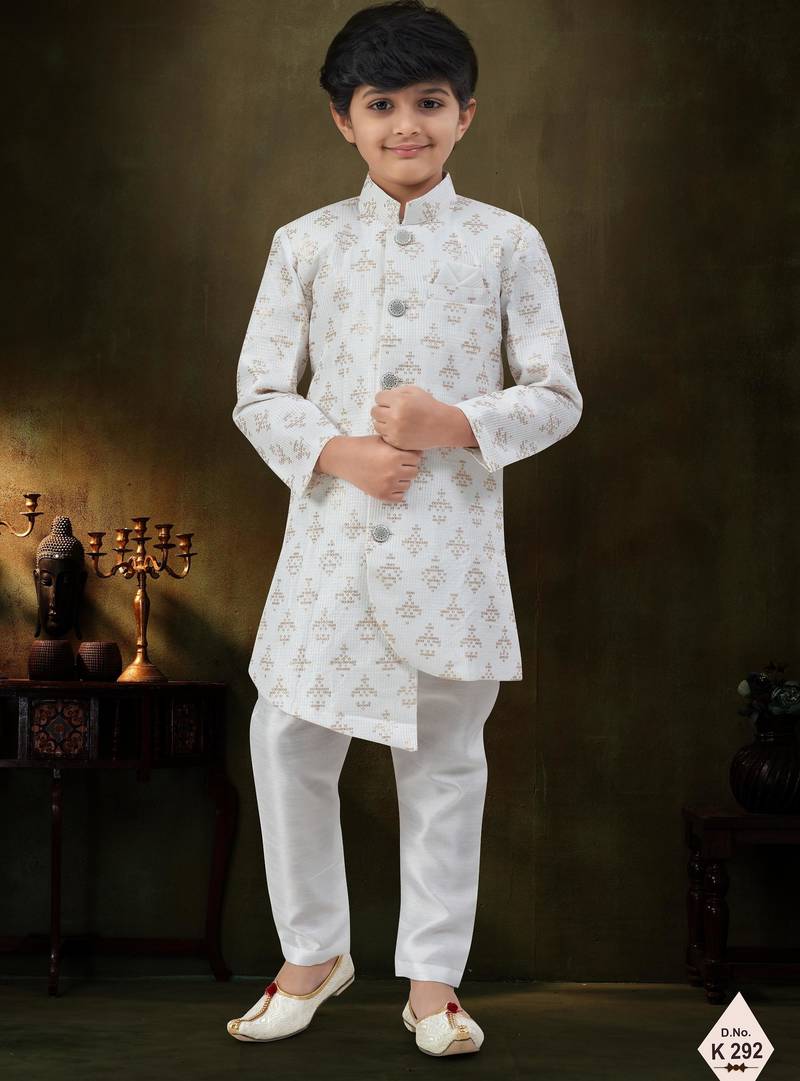Cream dupion silk embroidered indo western set for boys