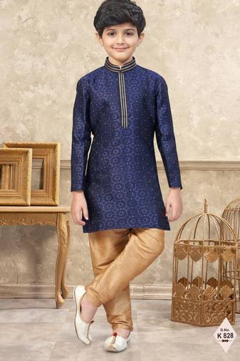 Blue banarasi jacquard woven kurta pajama for boys