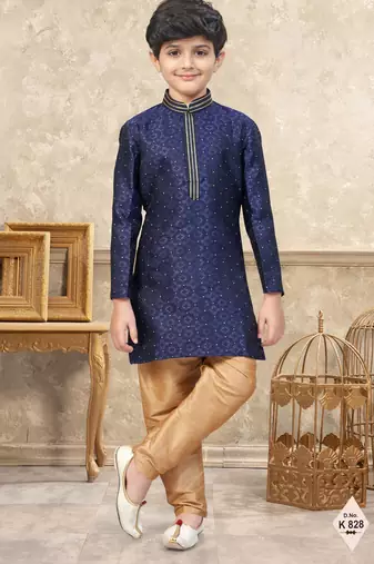 Blue banarasi jacquard woven kurta pajama for boys