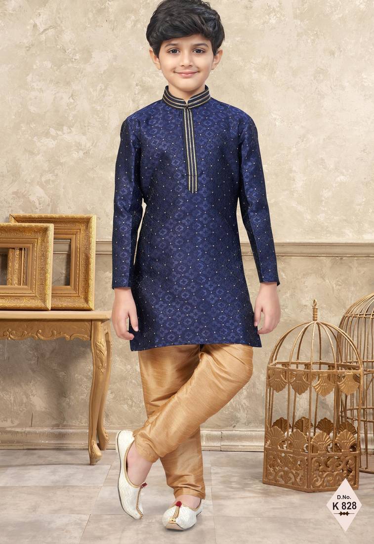 Blue banarasi jacquard woven kurta pajama for boys
