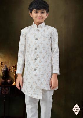 Cream dupion silk embroidered indo western set for boys 2