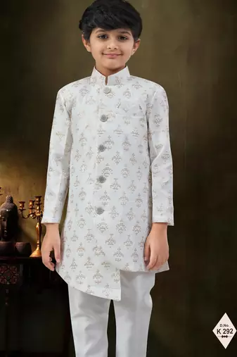 Cream dupion silk embroidered indo western set for boys