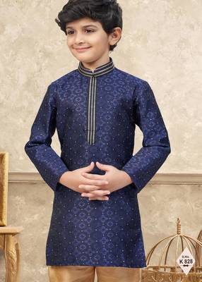Blue banarasi jacquard woven kurta pajama for boys 2