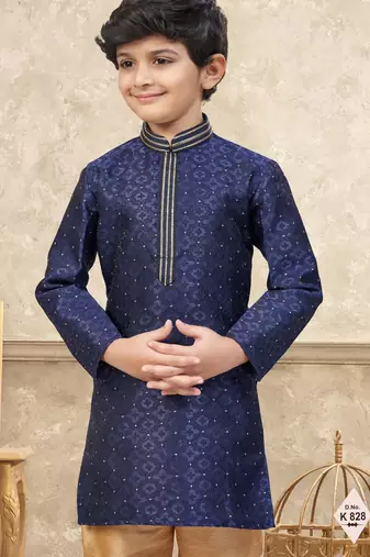 Blue banarasi jacquard woven kurta pajama for boys
