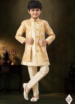 Yellow dupion silk embroidered indo western set for boys 1