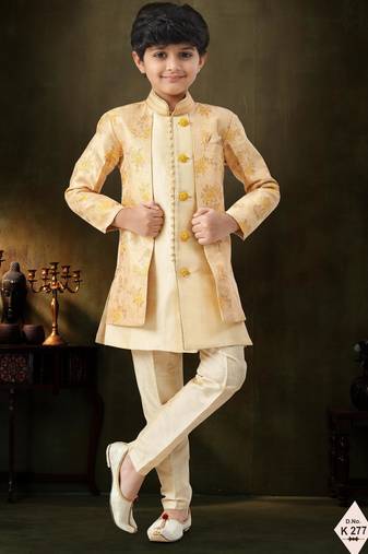 Yellow dupion silk embroidered indo western set for boys