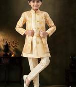 Yellow dupion silk embroidered indo western set for boys