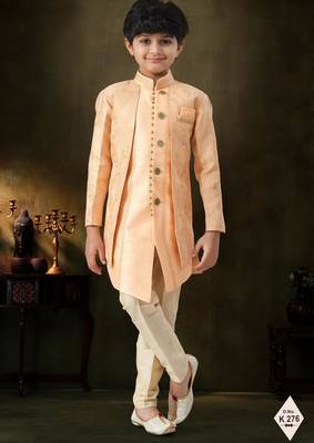 Peach  dupion silk embroidered indo western set for boys 1