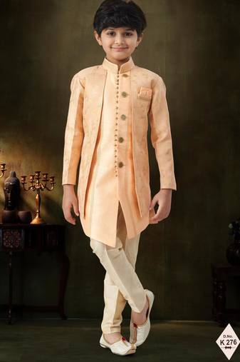 Peach  dupion silk embroidered indo western set for boys