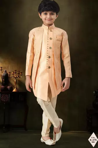 Peach  dupion silk embroidered indo western set for boys