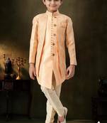 Peach  dupion silk embroidered indo western set for boys