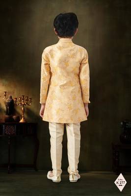 Yellow dupion silk embroidered indo western set for boys 3