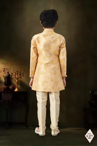 Yellow dupion silk embroidered indo western set for boys