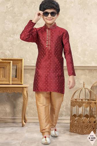 Maroon banarasi jacquard woven kurta pajama for boys