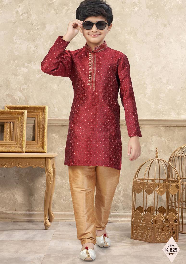 Maroon banarasi jacquard woven kurta pajama for boys