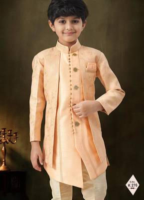 Peach  dupion silk embroidered indo western set for boys 2