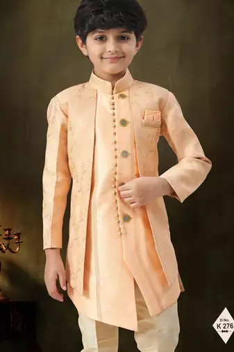 Peach  dupion silk embroidered indo western set for boys