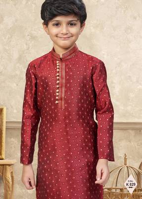 Maroon banarasi jacquard woven kurta pajama for boys 2