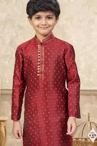 Maroon banarasi jacquard woven kurta pajama for boys